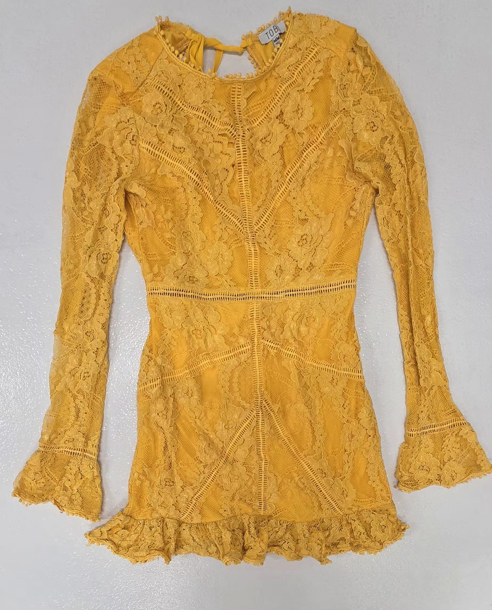 TOBI Yellow Lace Mini Dress, Size M/M, Long Bell Sleeves, Open Back